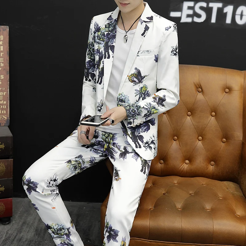Spring Men's Slim Fit Korean Style Fashion Suit Casual Business Print Two-Piece Set Trendy Suit plus Trousers Ensemble