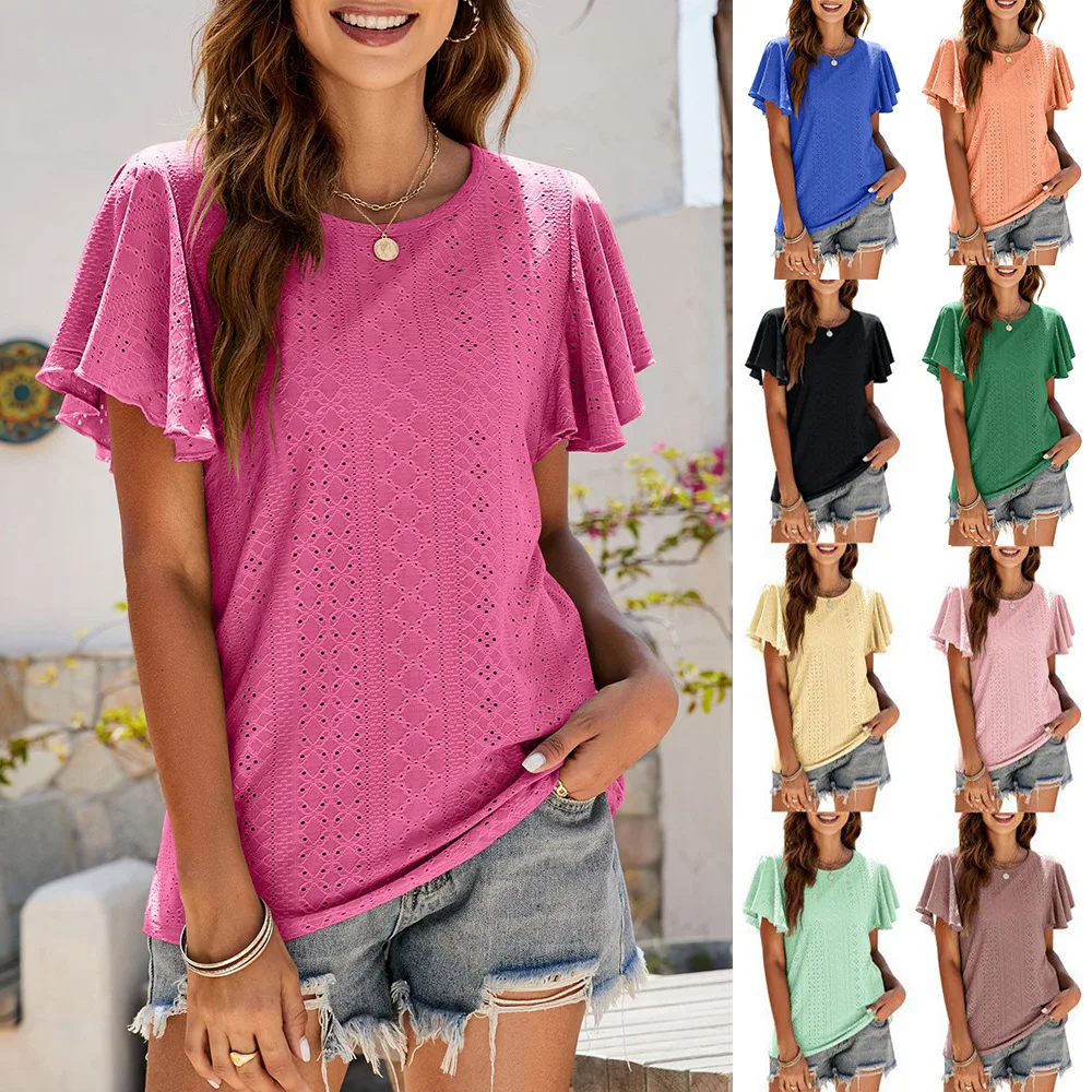 

Summer Tops Women Blouses Vintage Lace Tees Sexy Crochet Casual Ruffles Flare Elegant Loose Hollow Out Shirts