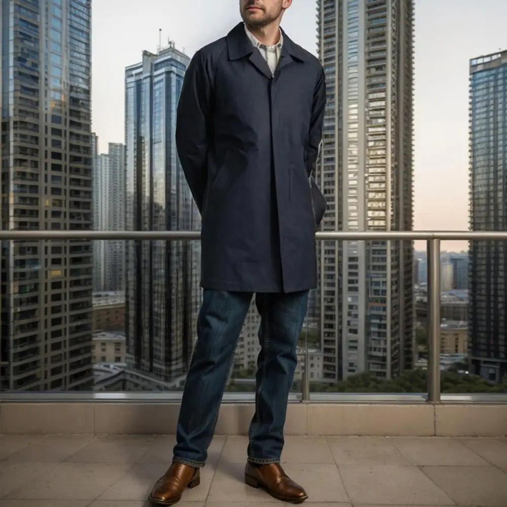 Lapel Windbreaker Stylish Men's Windbreaker Trench Coat with Lapel Collar Pockets Long Sleeve Single Breasted for Windproof