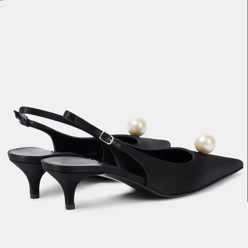 New Sexy Women Kitten Heels Pumps Shoes Sandals Slingbacks Satin Pointed Toe Party Wedding Pearls Shoe Office Black 34-45