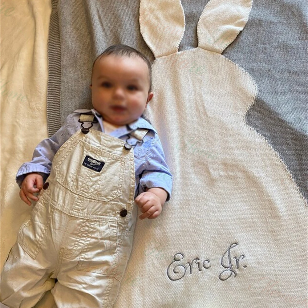 

Embroidered Name Baby Blanket Cotton Knitted Cute Bunny Blanket Infant Birthday Party Gifts Custom Name Monogram Soft Blanket
