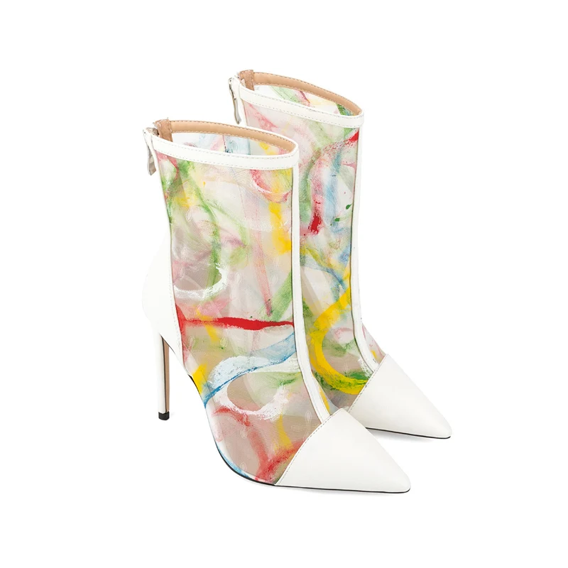 

Sexy Colorful Scrawls Mesh Boots White Pointy Toe Stiletto High Heels Patchwork Summer Ankle Boots Zipper Women Shoes Designer