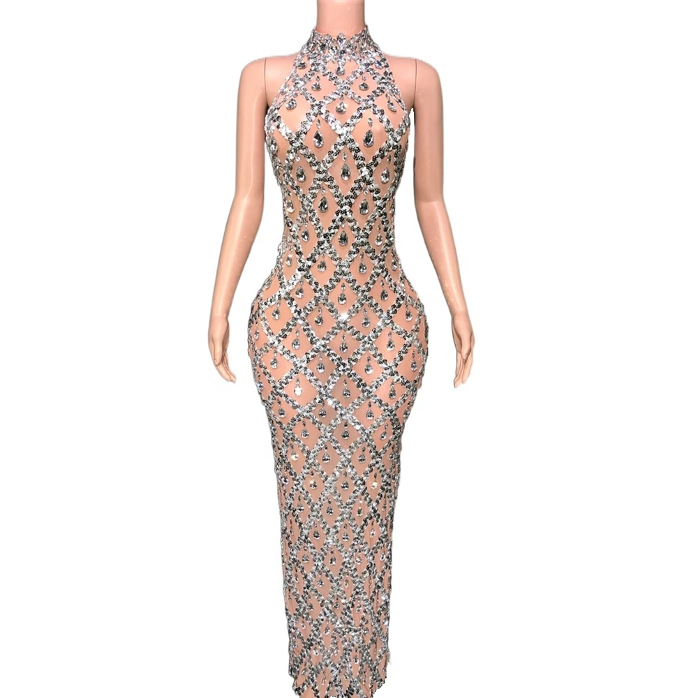 Rhinestones Dress Sexy Mesh Celebrate Evening Wedding Prom Gown Birthday Dress Photograph Wear Sparkly Silver Sequins Rhinestones Sleeveless Dress
