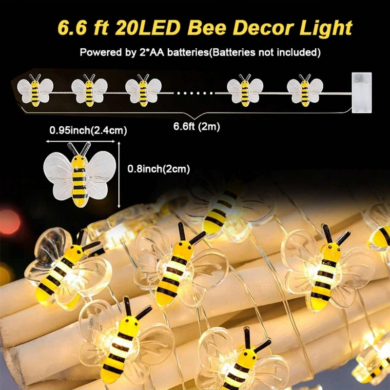 3.3FT/6.6FT Bee Led String Lights, Fairy Lights, Battery Powered, Christmas Helloween Decorations Garland Garden Patio Wedding