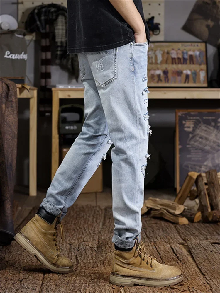 Men 3D Broken Hole Jeans Long Ink Splash Graffiti Pants 3D Inner Bleached Slim Fit High Elastic Zipper Trendy Cat Flipping Edge