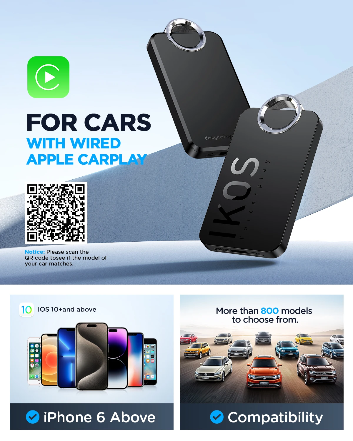 IKOS Wireless CarPlay Adapter Converts Wired to Wireless Carplay Dongle Plug and Play for Cars from and iOS 10+