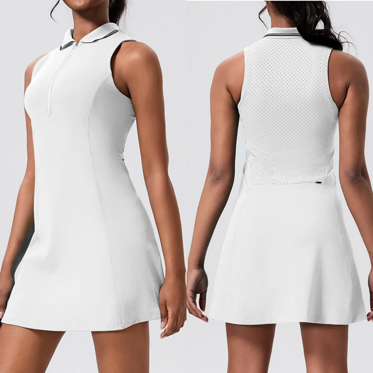 Women Tennis Dress Women Turn Down Collar Front Zipper Golf Sports dress Tight Dress Fitness Workout Running Pocket Skort