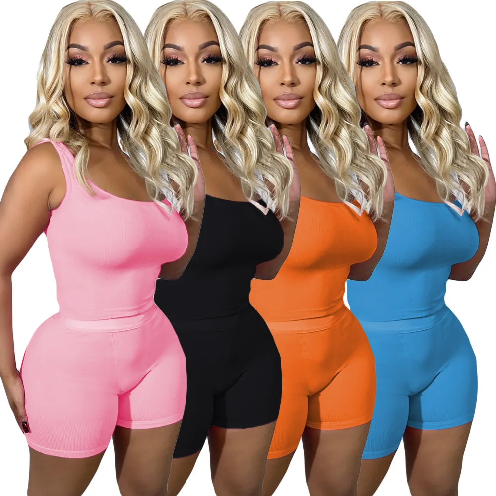 

Summer New Women's Solid Color Pit Stripes Sports 2-piece Suit
