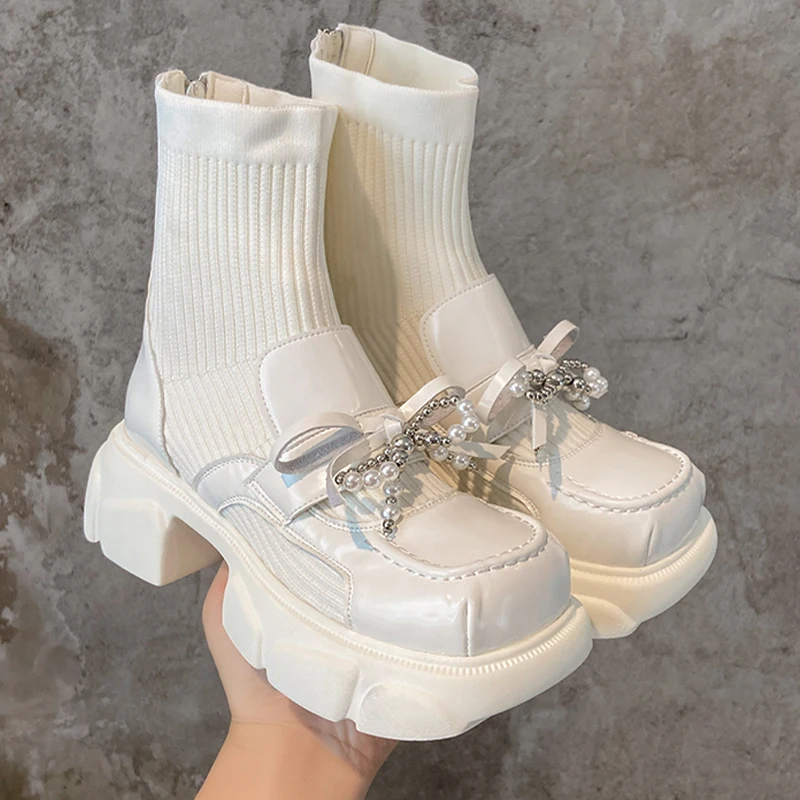 

2022 New Women Ankle Sock Boots Winter Fashion Knitting Bow Pearl Casual Shoes Flat Platform Women Oxfords Rubber Boots