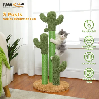 Cactus Cat Scratching Post for Indoor Cats Tall Cat Scratcher with 3 Sisal Scratching Poles Interactive Dangling Ball Cat Toys 2