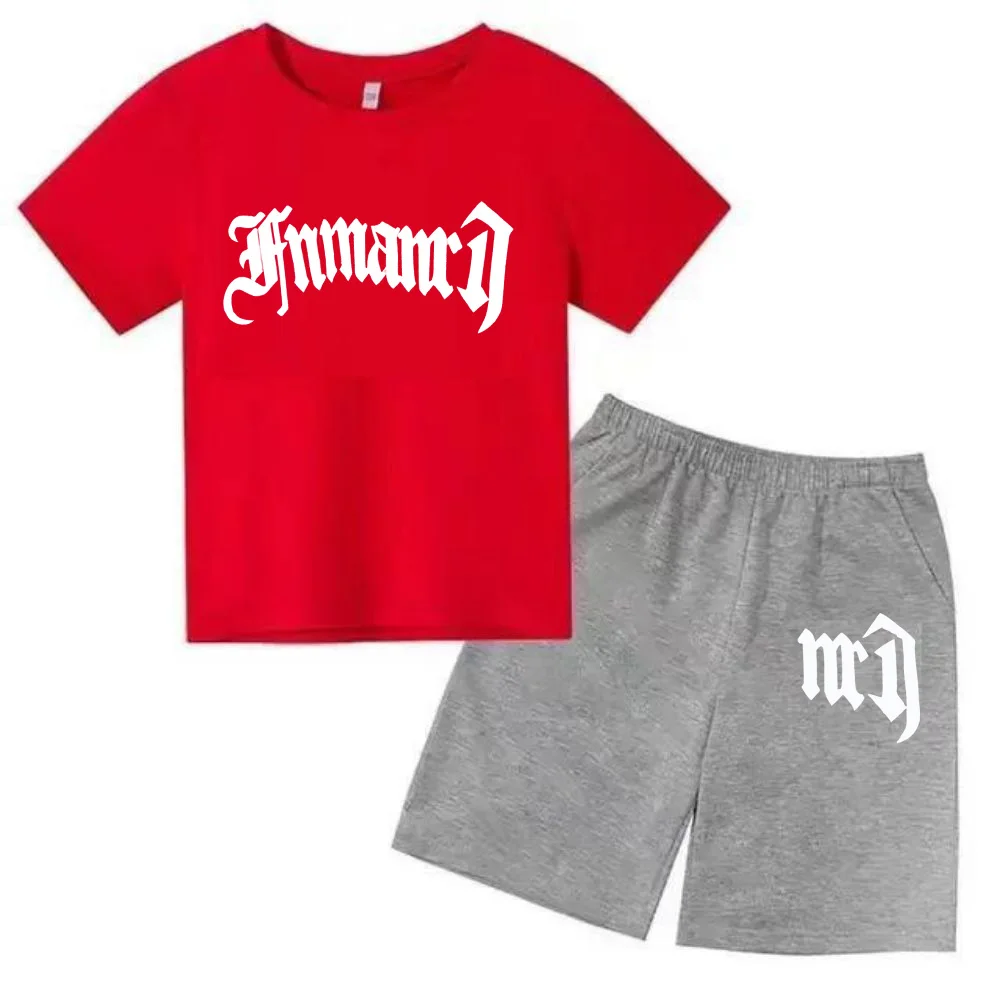 thumbnail image 1 of Ropa para niños con estampado de marca gótica, conjunto de camiseta y pantalones cortos de verano para adolescentes, 2 piezas, manga corta, moda informal para niños y niñas, 1 of 5