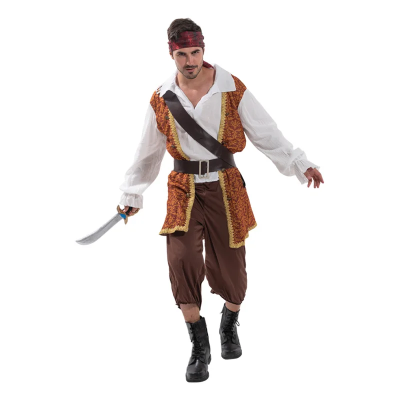 

2022 Adult Caribbean Jack Pirate Buccaneer Captain Halloween Costume Men's Robber Cosplay Suit Carnival Easter Purim Fancy Dress