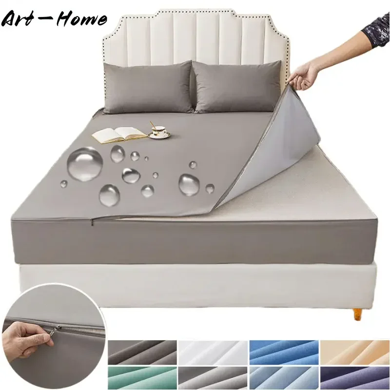 Waterproof Bed Cover Mattress Cover with Zipper 6-Sides All Inclusive Mattress Protector Anti-slip Fitted Bed Sheet Customizable 1