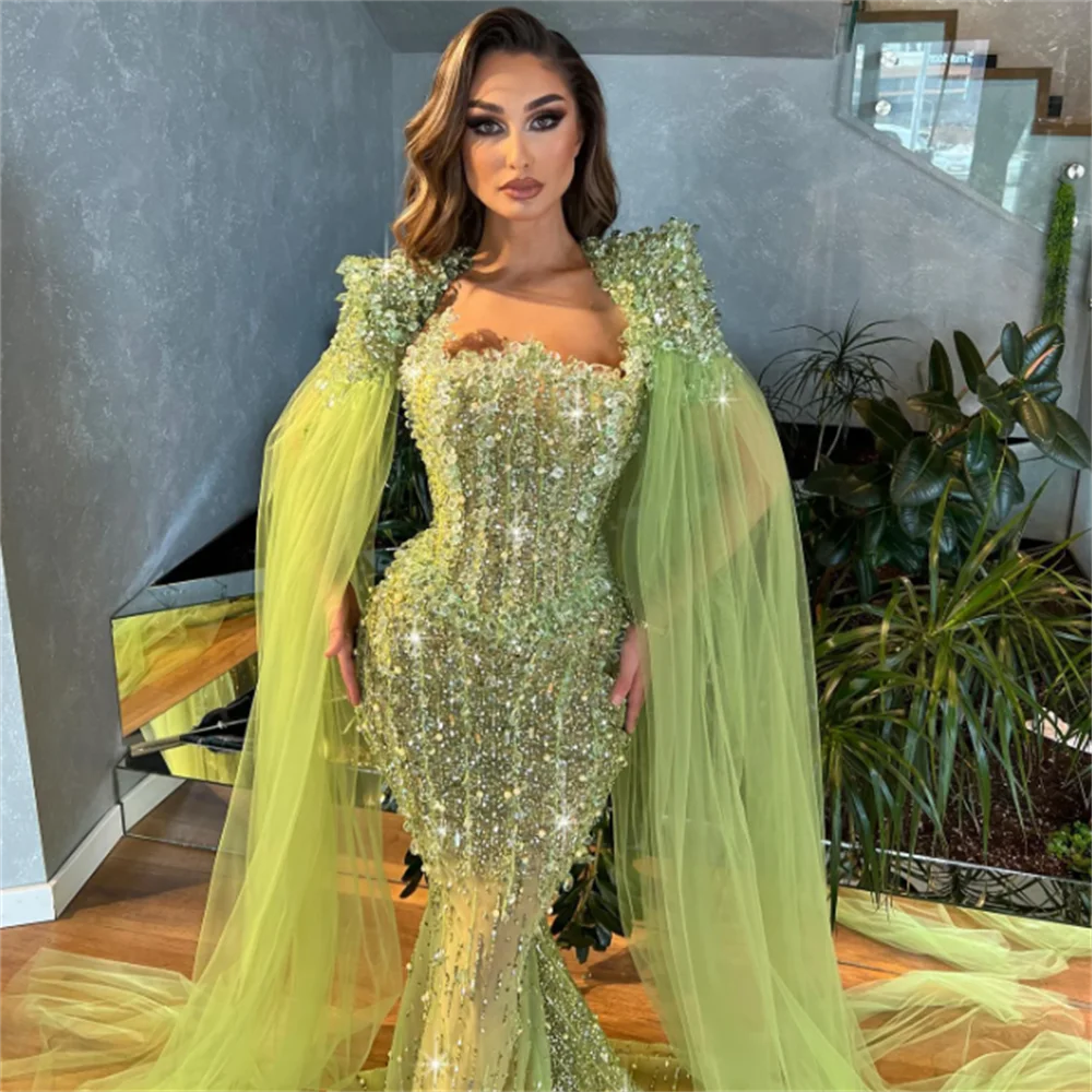 

luxury evening dress Lime Green Evening Dress with Cape Sleeves Elegant Arabic Women Wedding Party dresses for prom