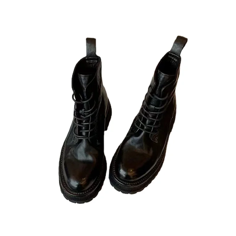 

Autumn and Winter New Genuine Leather Short Boots Round Toe British Lace-up Platform Women's Motorcycle Booties