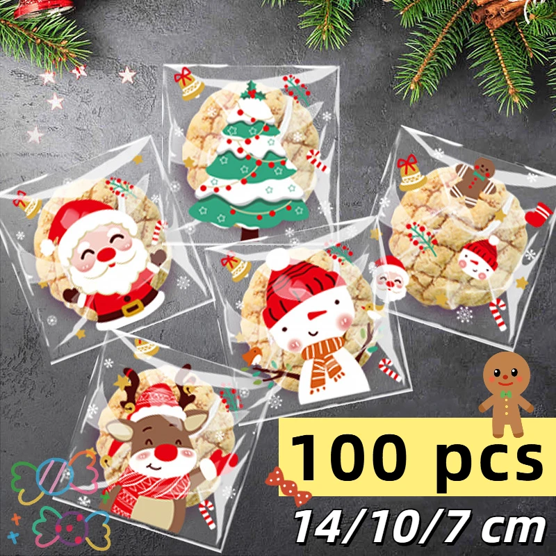 Christmas Gift Bags 100pcs Christmas Treat Bags-Self-Sealing Disposable Opp Candy & Cookie Pouches With Festive Cartoon Designs For Holiday Gifts