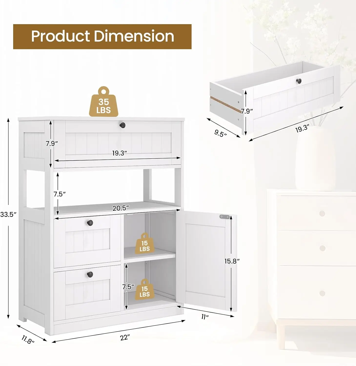 Bathroom Cabinet, Modern Bathroom Floor Storage Cabinet Organizer with 1 Door and 3 Drawers, Freestanding Cupboard