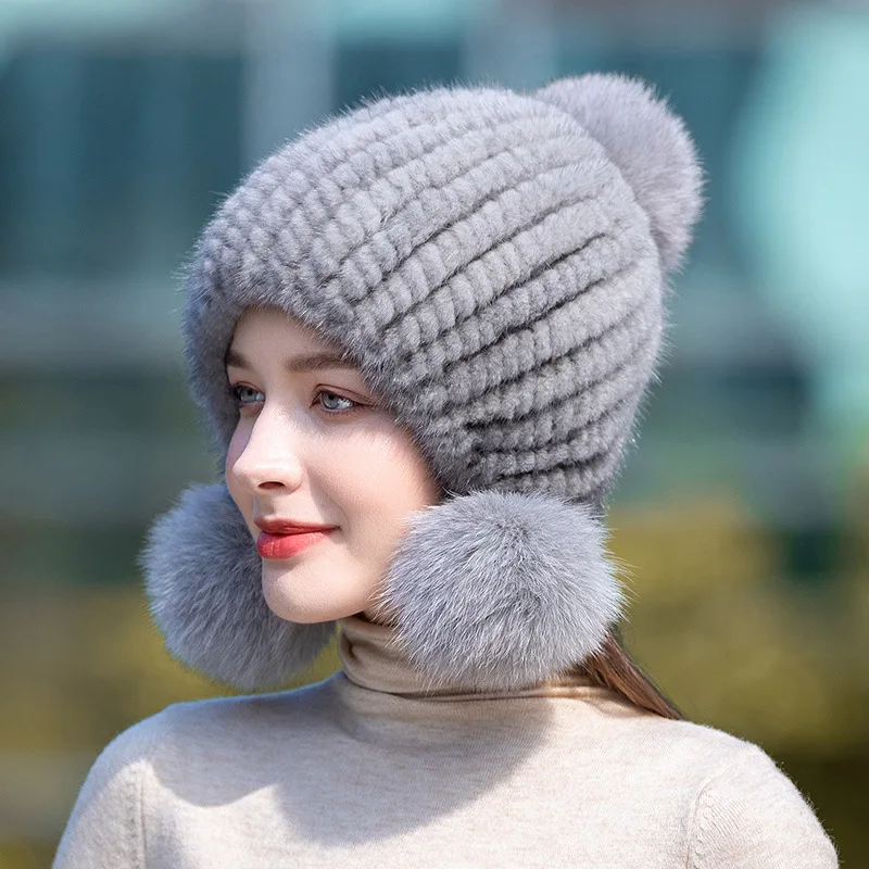 Winter Real Mink Fur Hat For Women Knitted Mink Fur Ear Warm Cap The Spiral Beanies Cap With Fox Pompom On The Top beanie hats fur hats