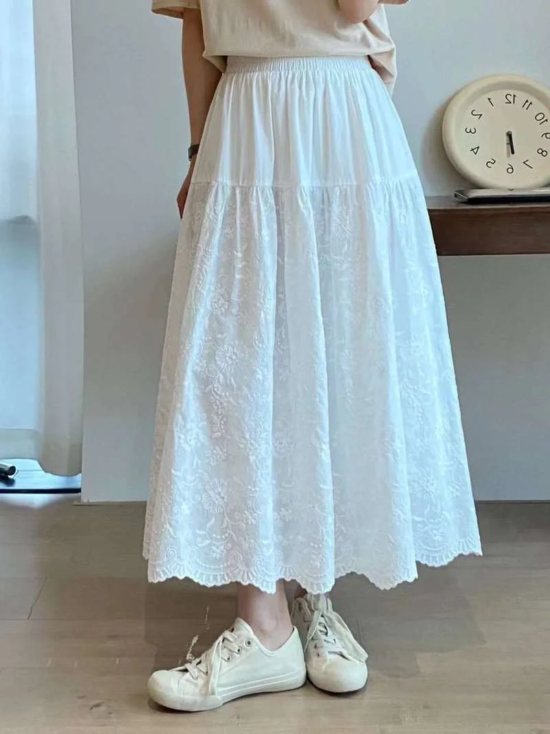 

Mori Kei Clothing Lace Embroidery Patchwork White Skirts for Women Japan Summer Autumn Sweet Boho Cotton Long Skirts