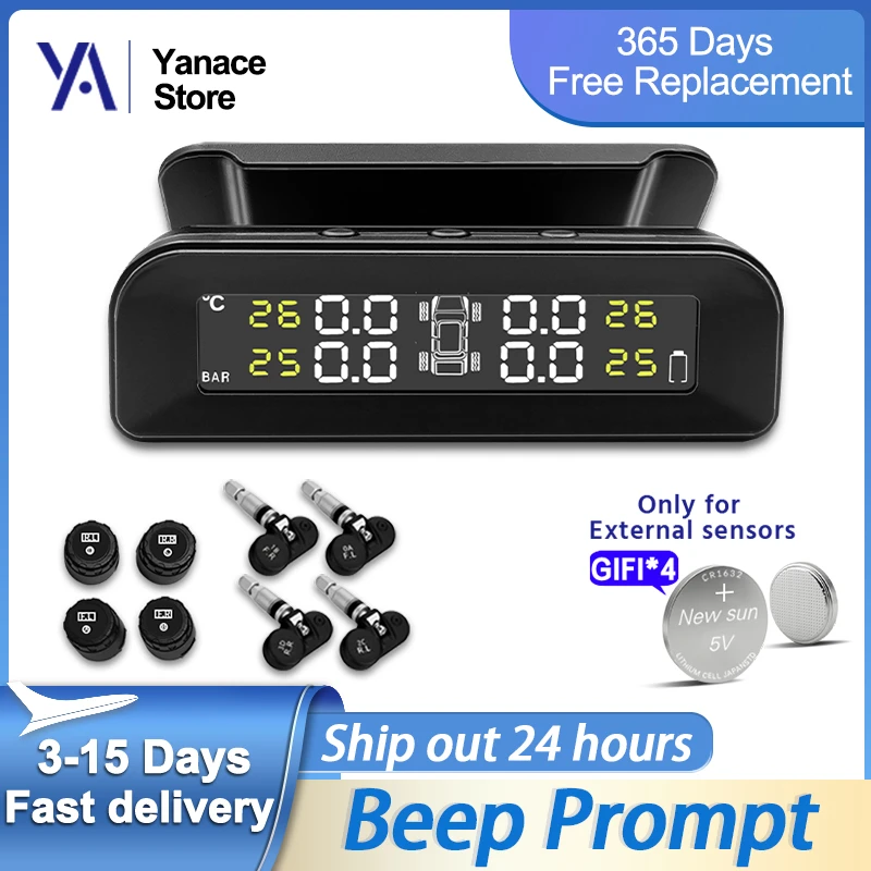 Yanace TPMS Car Tire Monitoring Pressure Display Auto Alarm Monitor Solar Power Charging Temperature Warning With 4 Sensors car headrest monitor