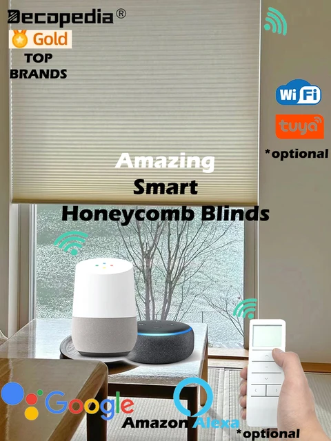 Decopedia Smart Motorized Honeycomb Blinds เฉดสีเซลลูลาร์ Blackout ไร้สายสําหรับ Windows รองรับ Google Alexa 1