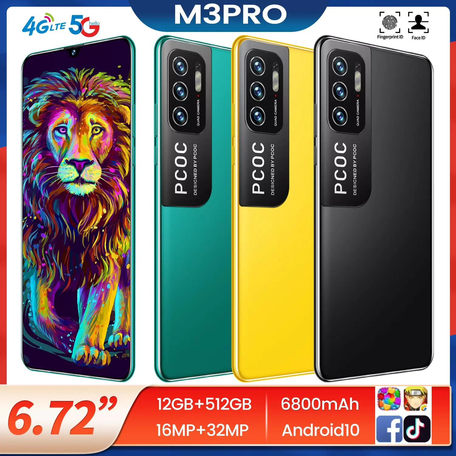 Смартфон M3 Pro 6 72 дюйма 4G/телефон Android 12 + 512 ГБ две карты 32 МП |