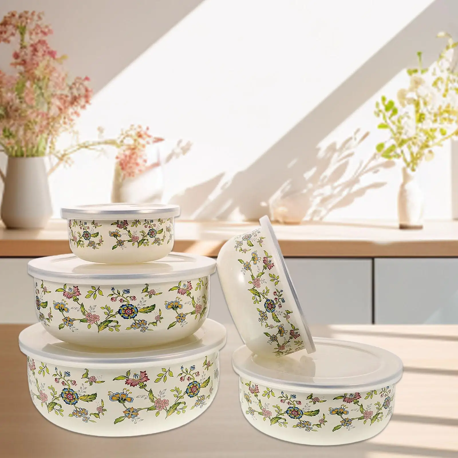 Mixing Bowl Set Versatile Use Round Enamel Bowl Food Storage Container with Lids for Cooking Serving Food Baking Prepping 5Pcs