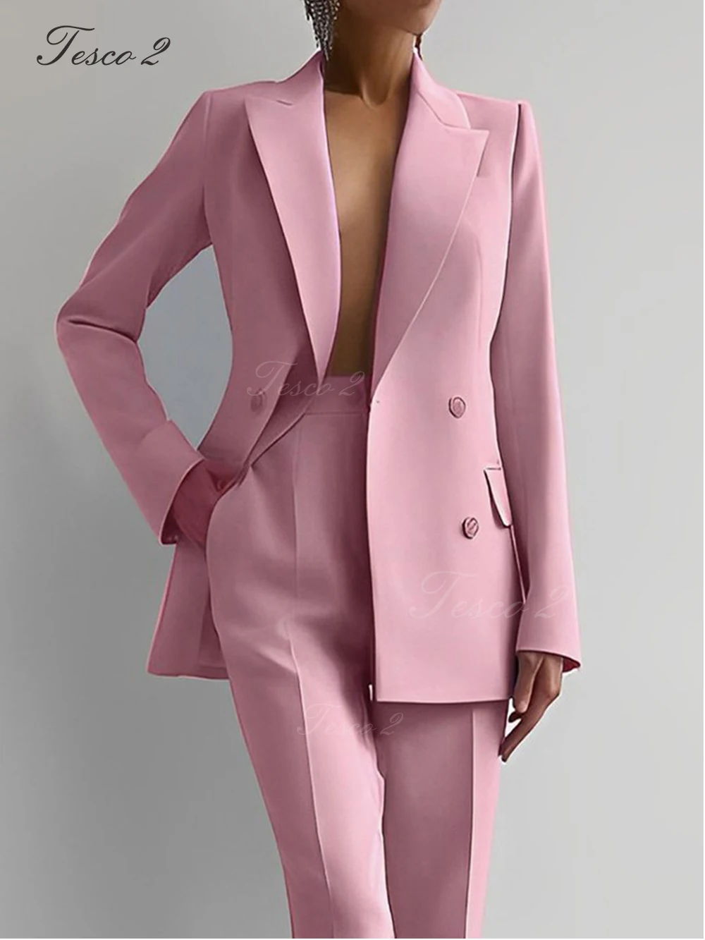 Tesco 2 Spring Summer Suit For Women Peak Lapel Bouble Breasted Wedding Party Suit Long Pantsuit Elegant Business Office Suit