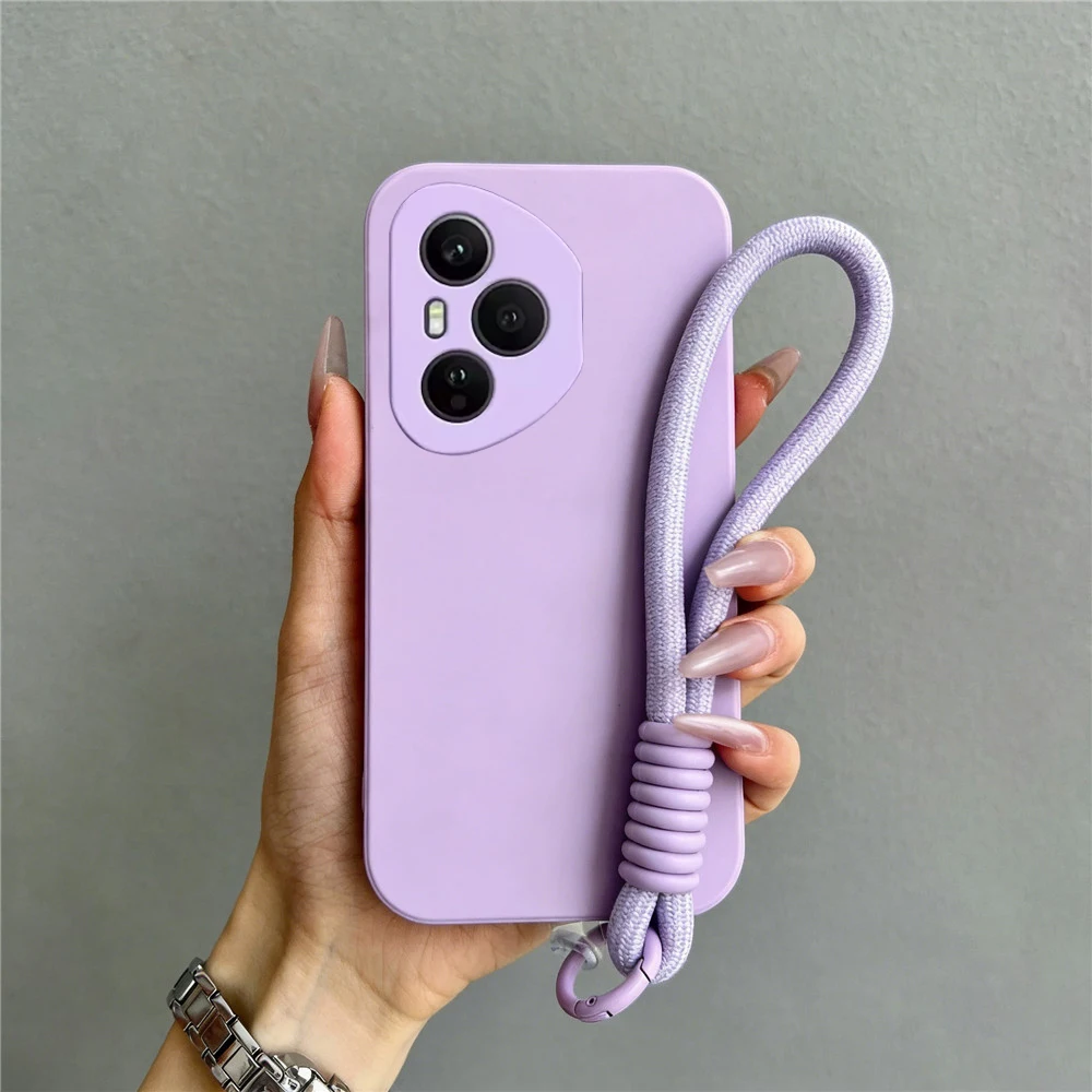 Matte Soft Silicone Back Cover with Rope Lanyard Strap - Solid Color Phone Case