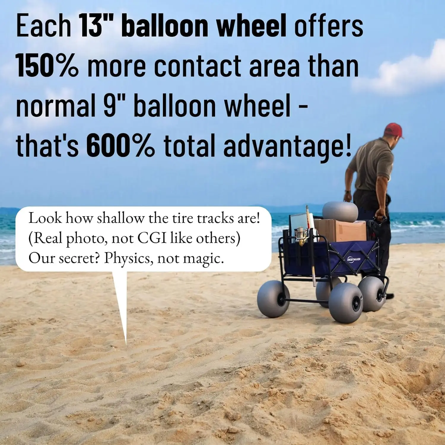 2025-hotBeach Cart with 13" Balloon Wheels, Collapsible Beach Wagon with Big Wheels for Sand, Pump Included (Beach Wagon)