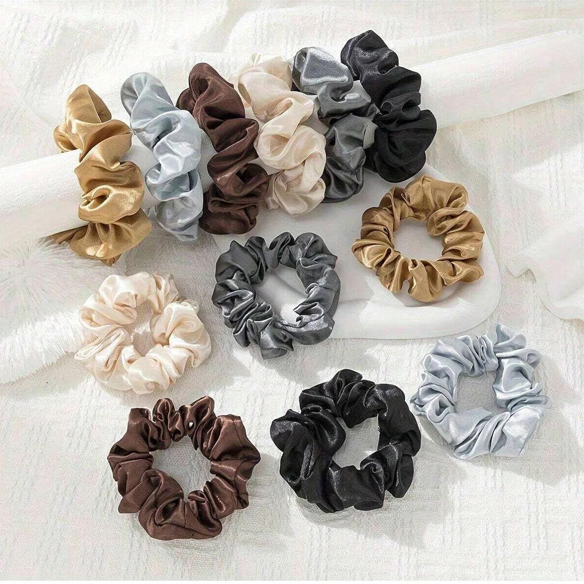 12 stücke Neue Satin Stoff Wurst Schleife Haar Ringe Set Einfarbig Stoff Schleife Haar Seil – Detail 6