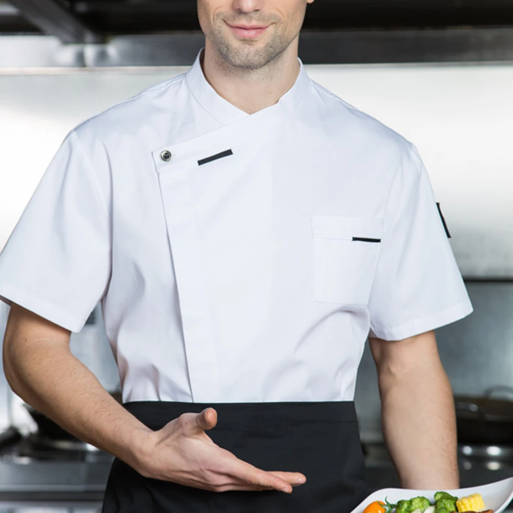 Unisex Chef Uniform Kitchen Hotel Cafe Cook Work Clothes Short Sleeve Breathable Shirt Double-Breasted Chef Jacket Tops For Men kitchen chef uniform breathable single breasted food service jacket unisex restaurant hotel pastry cook wear work wear uniforms