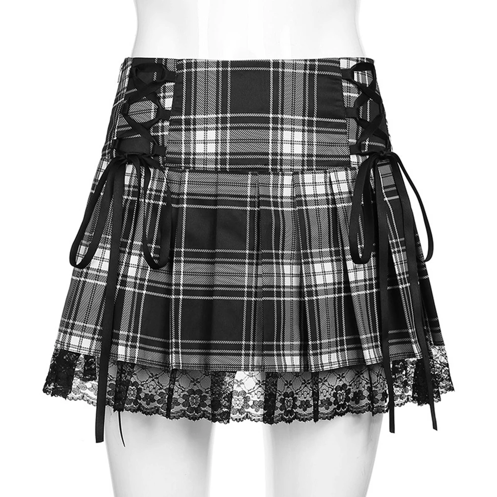 

Women Gothic Lace Ruffle Short Skirts Grunge Plaid Pleated Skirt Streetwear