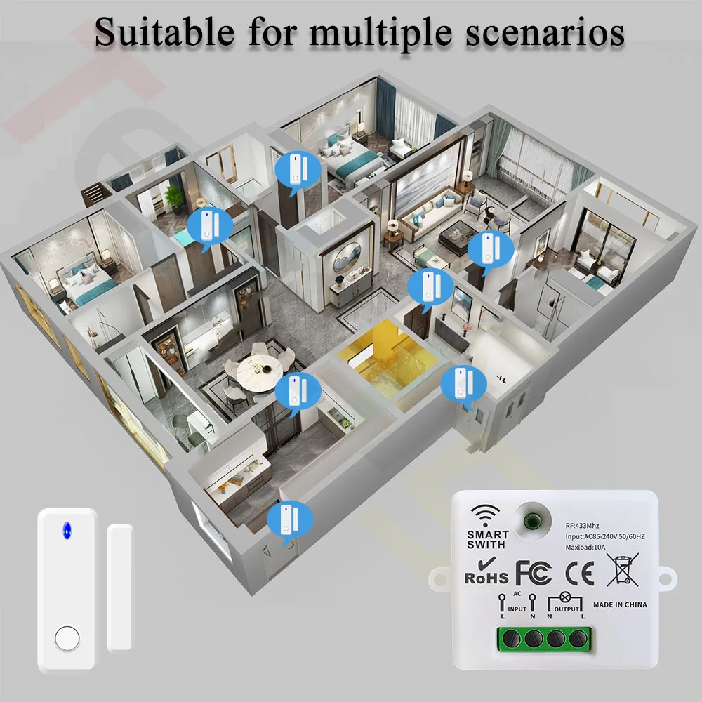 Tedeligo 433MHz Door Window Sensor Switch Wireless Light Switch,110V 220V 10A Relay Remote Control Switch for Home Lamp ON OFF