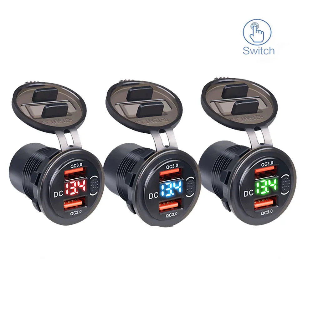

12 24V QC3.0 Dual USB Car Motor Charger Socket Waterproof With Voltmeter Switch Fast Quick Charge Adapter Car Accessories