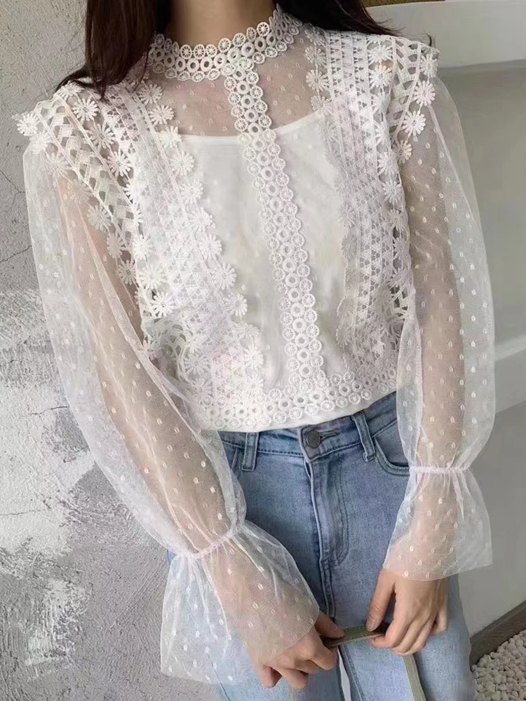 

Элегантная сетчатая кружевная шифоновая блузка, модная женская короткая рубашка в горошек с воротником-стойкой и расклешенными длинными рукавами, комплект из двух предметов, топы 25292