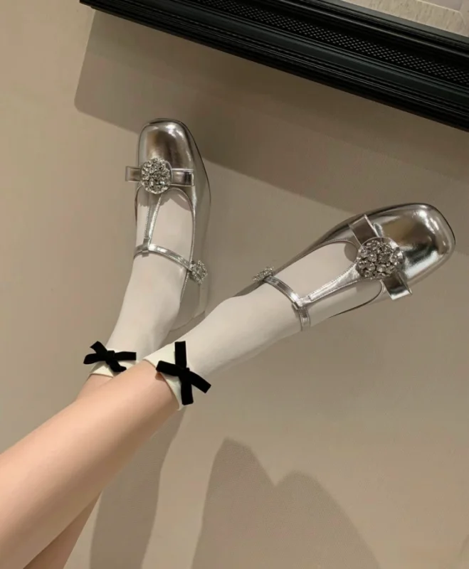 Round Toe Women Pumps Patent Leather Flat Low Heels Black silver White New Arrivals Belt Buckle Rhinestone Bow Design Plus Size