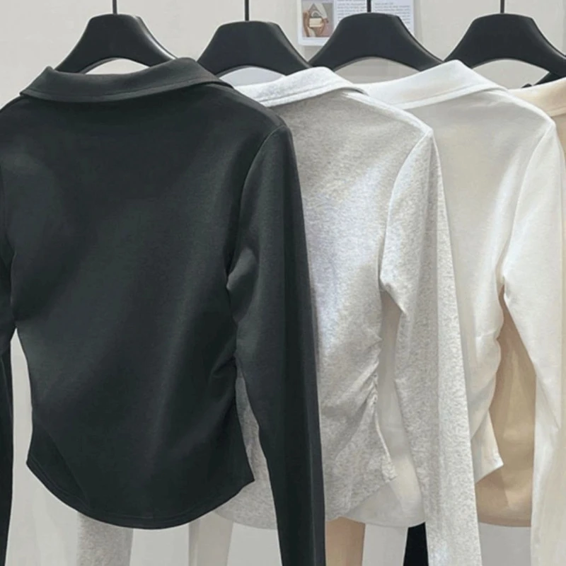 Polo Neck Embroidery Pleated Short Tops Spring Autumn Long Sleeve Slim All-match Casual T Shirts Fashion Vintage Women Clothing 4