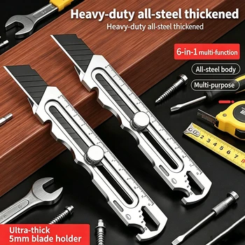 Coltello multiuso in acciaio inossidabile 6 in 1, apribottiglie multifunzione, taglierino retrattile, coltello portatile per ufficio, casa, corriere, apertura pacchi