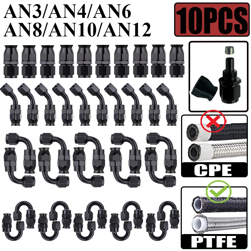 

10X 3AN 4AN 6AN 8AN 10AN 12AN прямой 0 45 90 180 градусов поворотный конец шланга, фитинги, адаптер для PTFE E85 топливная бензиновая линия, черный