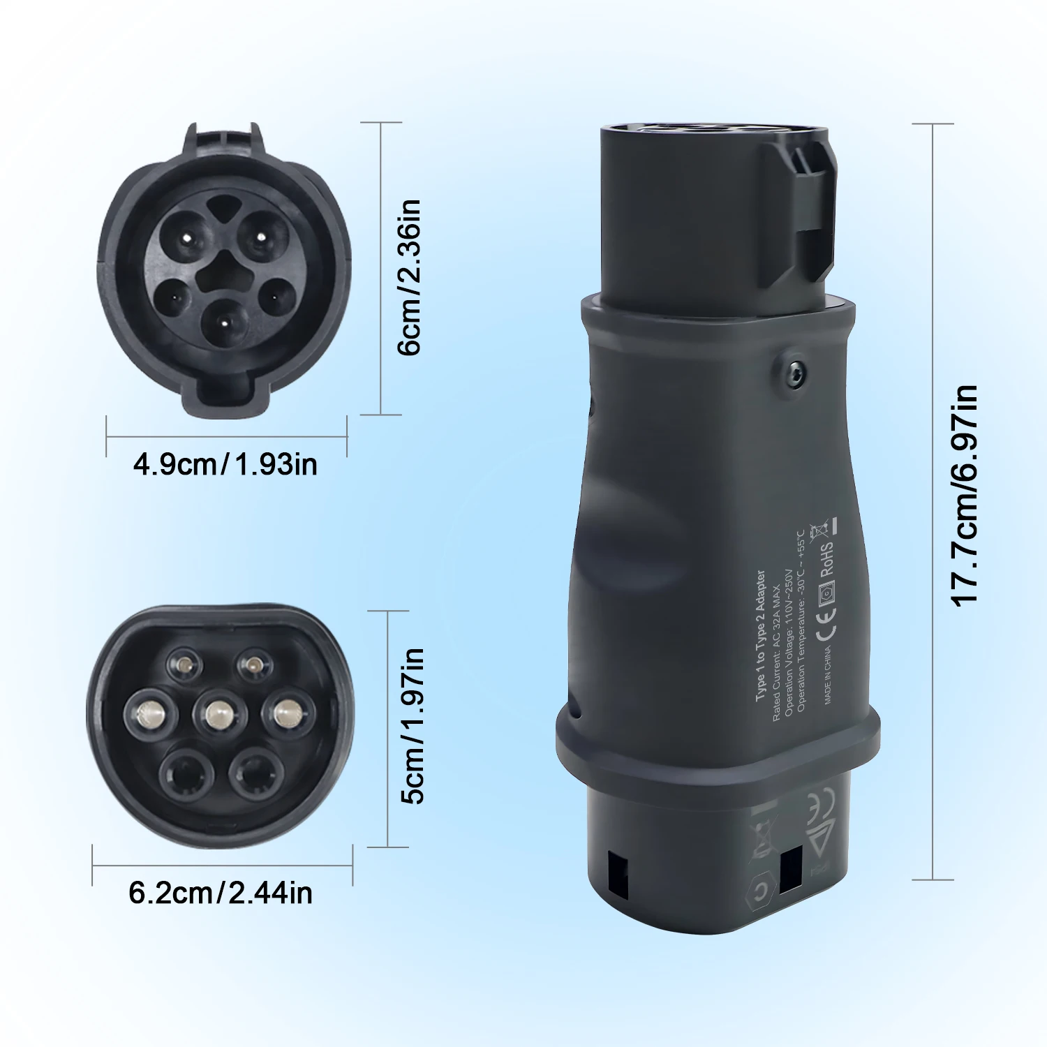 Kolanky EV Charging Adapter 32A 7.2KW Type 1 To Type 2 Adaptor For Electric Vehicle Cars EU 2 Socket