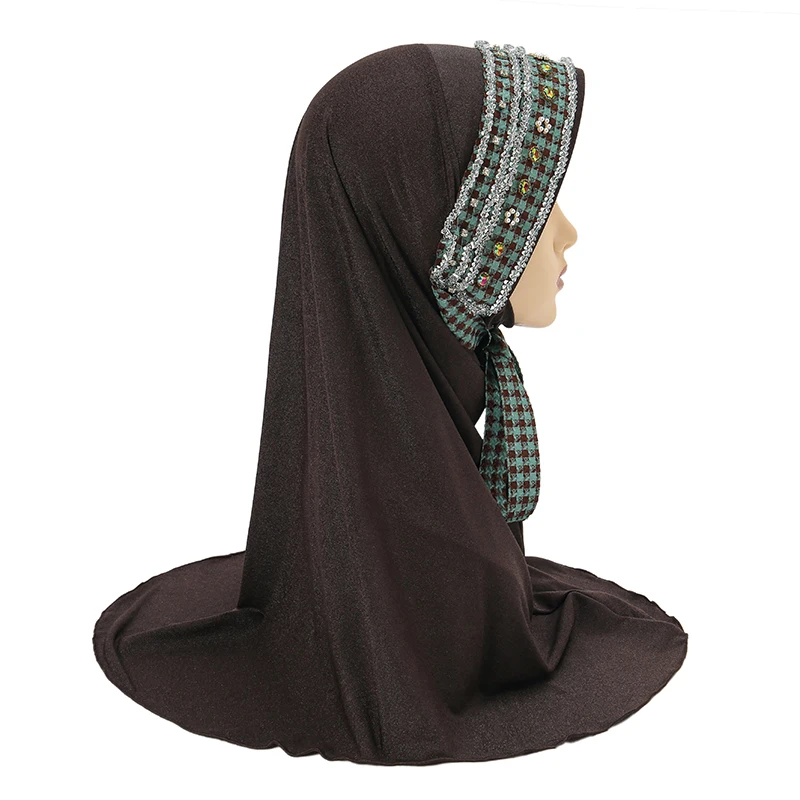 Tie Front Instant Muslim Woman Hijab Handmade Rhinestone Head Cover Hemp Caps Sports Pinless Woman's Turban Easy to Wear Scarves