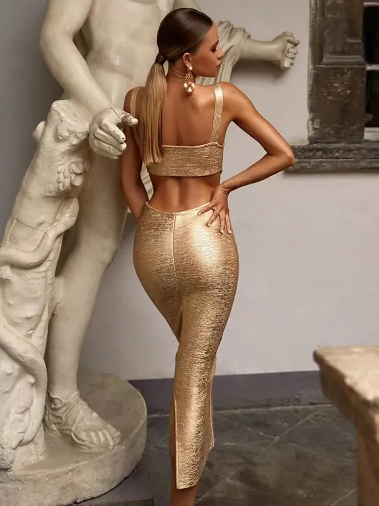 Women's Sexy Backless Hollow Out Midi Gold Silver Bronzing Bodycon Bandage  Dress 2024 Summer Elegant Evening Club Party Dress - AliExpress 200000345
