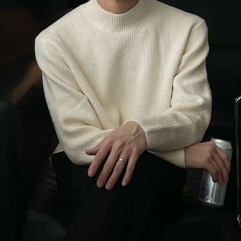 Autumn Winter Fashion Half High Collar Long Sleeve Solid Pullovers Men's Clothing Korean Bottoming Shirt All-match Knitting Tops 2