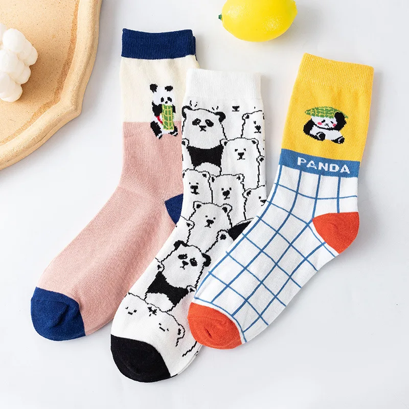 

3 Pairs New Fashion Spring Autumn Cute Socks for Women Girls Panda Striped Flower Pattern Cotton Soft Middle Tube Sock