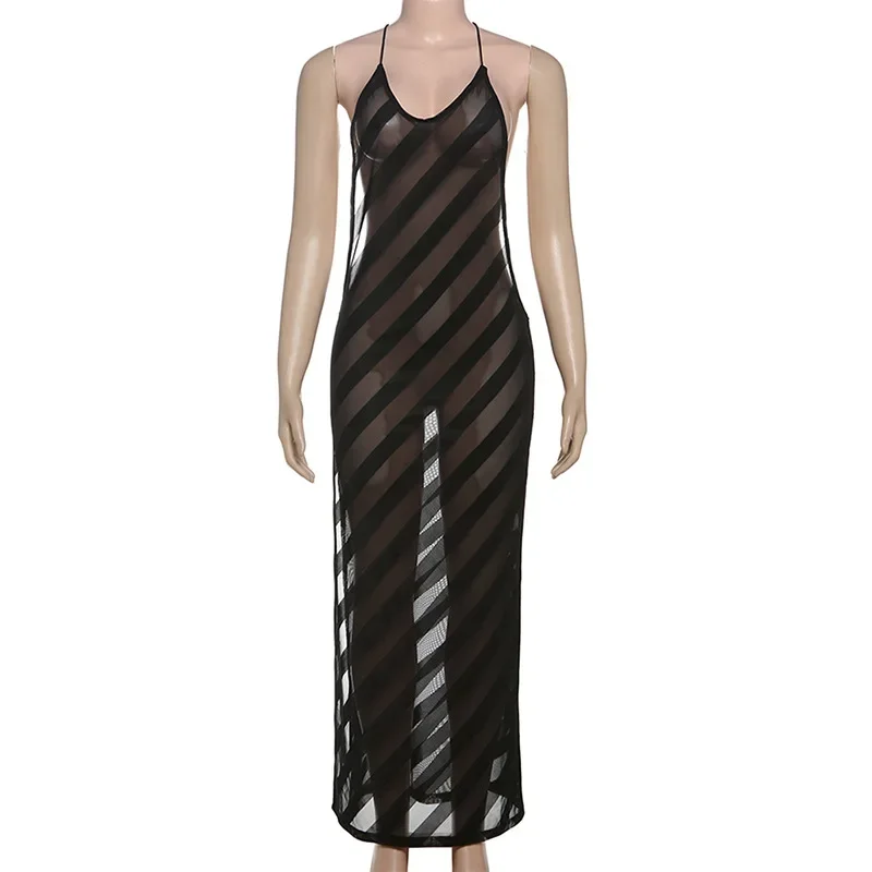 Mesh See Through Sexy Halter Party Club Maxi Split Dress