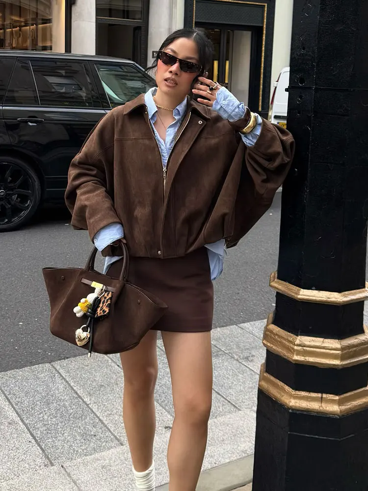 HH 2025 Autumn Jacket For Women Fashion Solid Suede Coat Lapel Long Sleeve Zipper Jackets High Street Loose Overcoat Outerwear