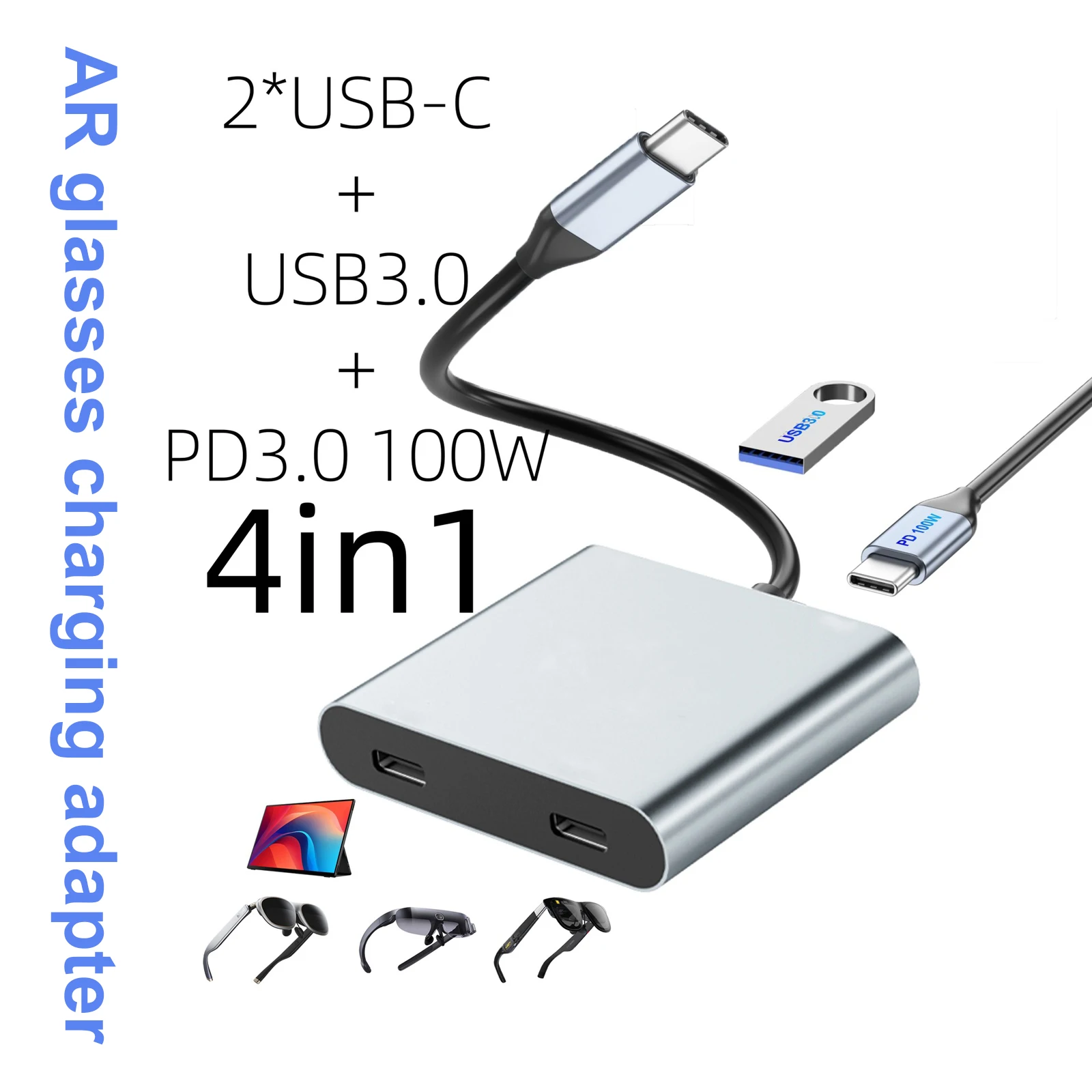 4-in-1 듀얼 USB-C 디스플레이 허브 플러그 앤 플레이 USB C-AR 글래스 및 충전 어댑터, 스위치, 휴대폰, 노트북, 태블릿용 컴팩트