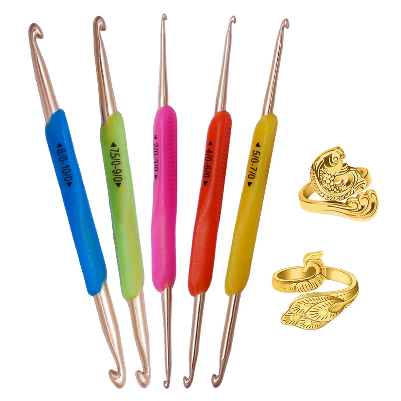 

IMZAY Double Heads Crochet Hooks Set Soft Glue Handle Knitted Needles Colorful Aluminum 5Pcs Crochet Hooks Set With Golden Ring
