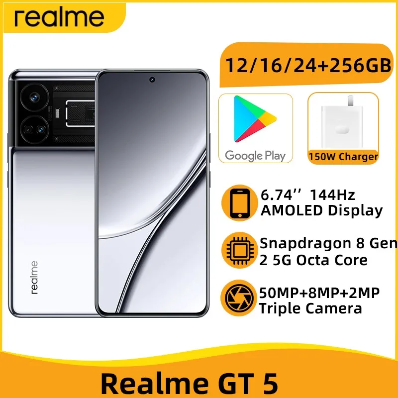 

realme GT 5 Snapdragon 8 Gen 2 Octa Core 6.74'' 144Hz AMOLED Display 12GB 256GB 50MP Triple Camera GPS 150W Charger